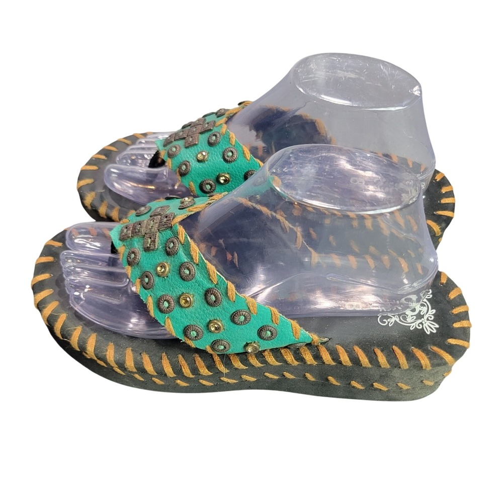 Sassy Sistas Womens 8 Turquoise Studded Cross Platform Flip Flop Whipstitch Boho
